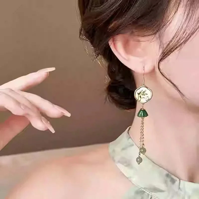 Handcrafted Vintage Jade Bamboo Tassel Earrings - OrientCrafted