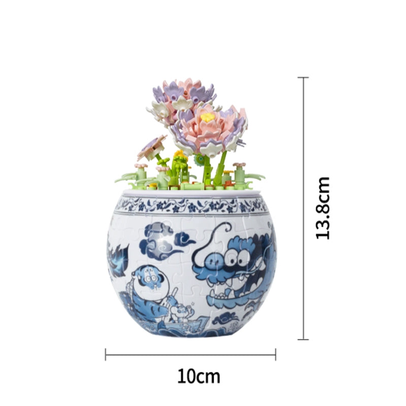 80-Piece 3D Plant Pot Puzzle | Blue and White Puzzle - OrientCrafted