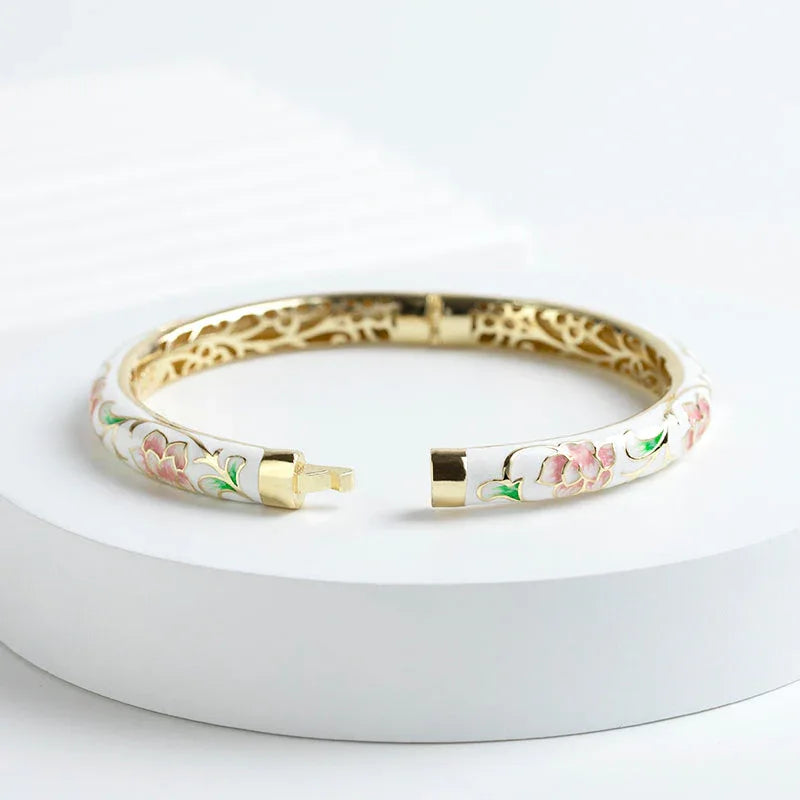 Rose Bracelet Clamper Enamel Rhinestones Bangle - OrientCrafted