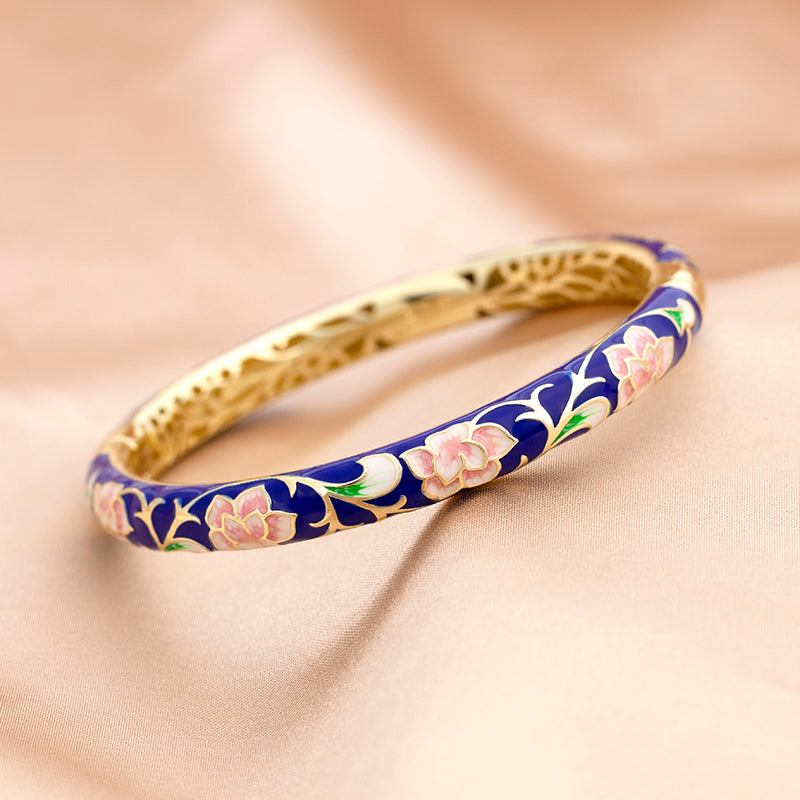Rose Bracelet Clamper Enamel Rhinestones Bangle - OrientCrafted