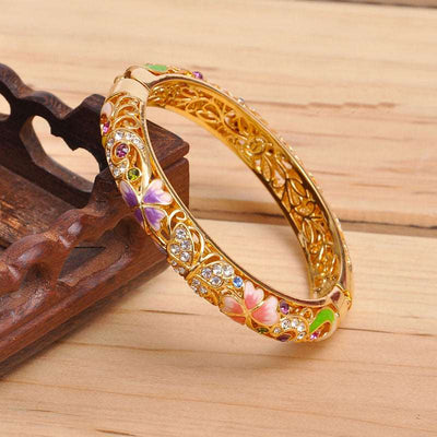 Butterfly Cloisonné Enamel Bangle Double Layer Intricate Carving - OrientCrafted