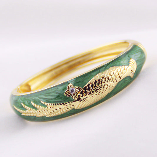 Phoenix Bird Cloisonné Enamel Vintage Gold-Plated Bangle - OrientCrafted