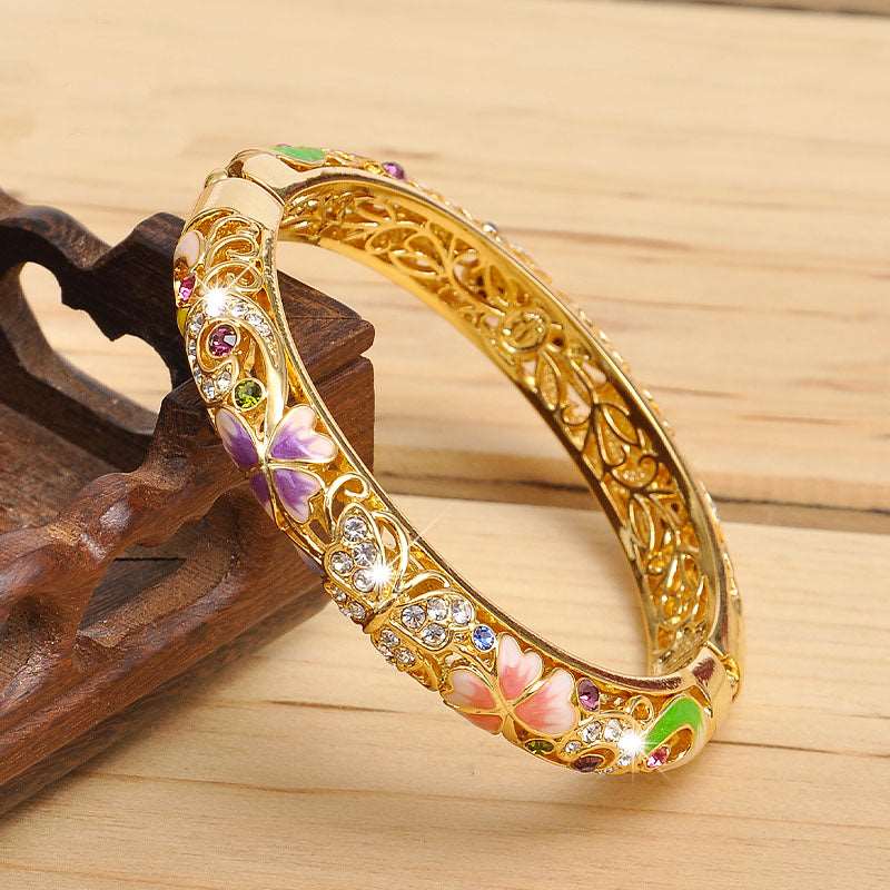 Butterfly Cloisonné Enamel Bangle Double Layer Intricate Carving - OrientCrafted