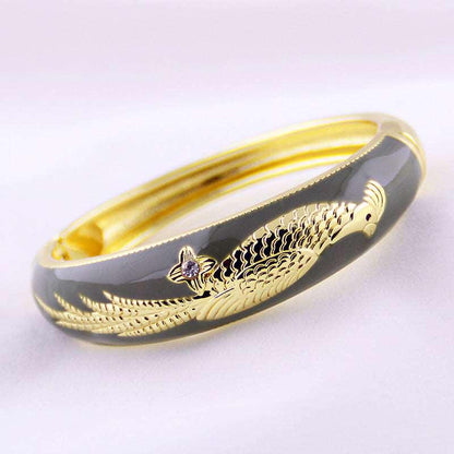 Phoenix Bird Cloisonné Enamel Vintage Gold-Plated Bangle - OrientCrafted