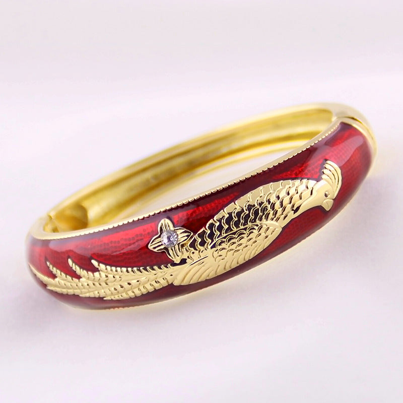 Phoenix Bird Cloisonné Enamel Vintage Gold-Plated Bangle - OrientCrafted