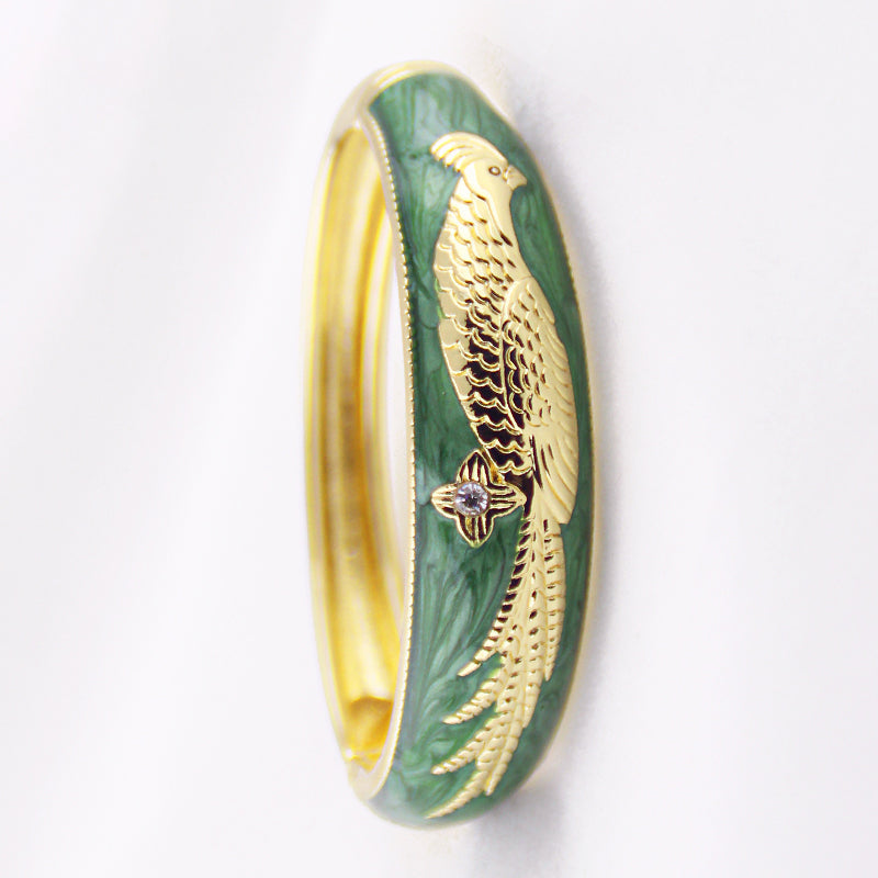 Phoenix Bird Cloisonné Enamel Vintage Gold-Plated Bangle - OrientCrafted