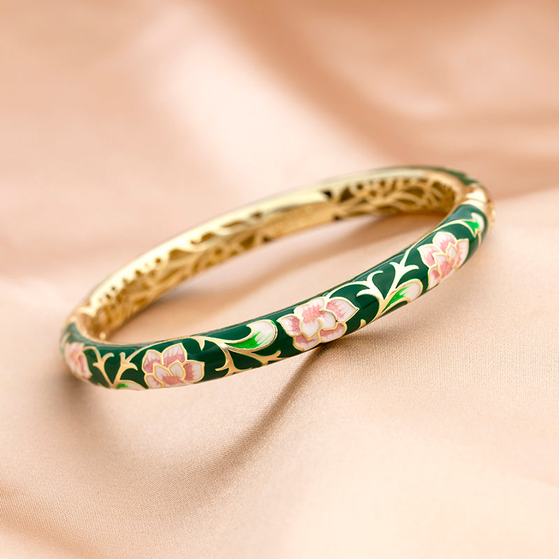 Rose Bracelet Clamper Enamel Rhinestones Bangle - OrientCrafted