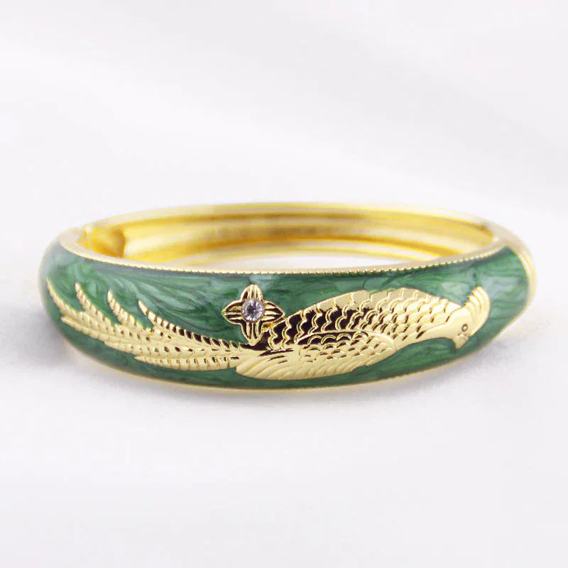 Phoenix Bird Cloisonné Enamel Vintage Gold-Plated Bangle - OrientCrafted