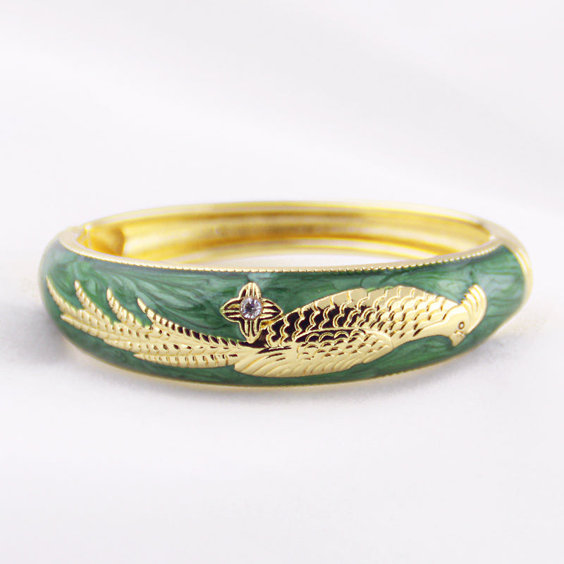 Phoenix Bird Cloisonné Enamel Vintage Gold-Plated Bangle - OrientCrafted