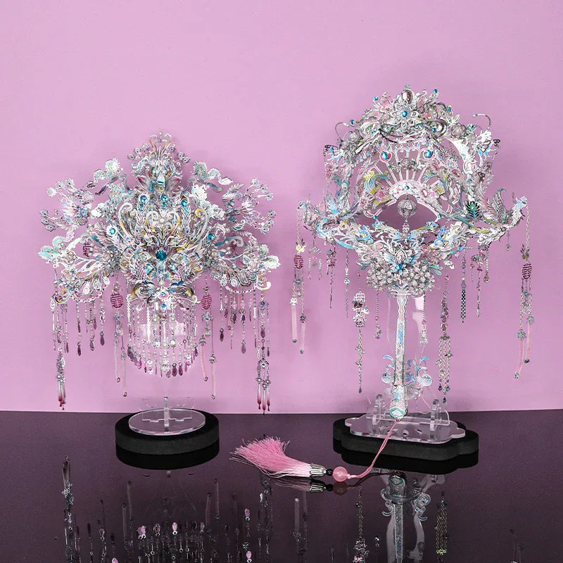 Elegant Silver Phoenix Crown & Fan DIY Metal Model Kit - OrientCrafted