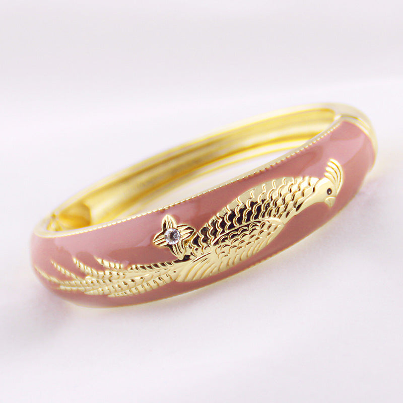 Phoenix Bird Cloisonné Enamel Vintage Gold-Plated Bangle - OrientCrafted