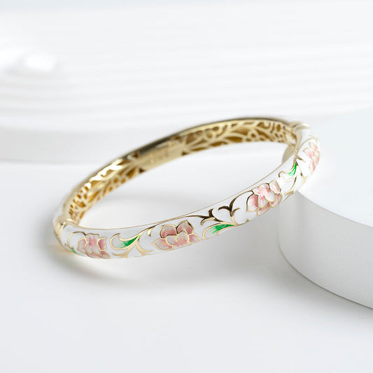 Rose Bracelet Clamper Enamel Rhinestones Bangle - OrientCrafted