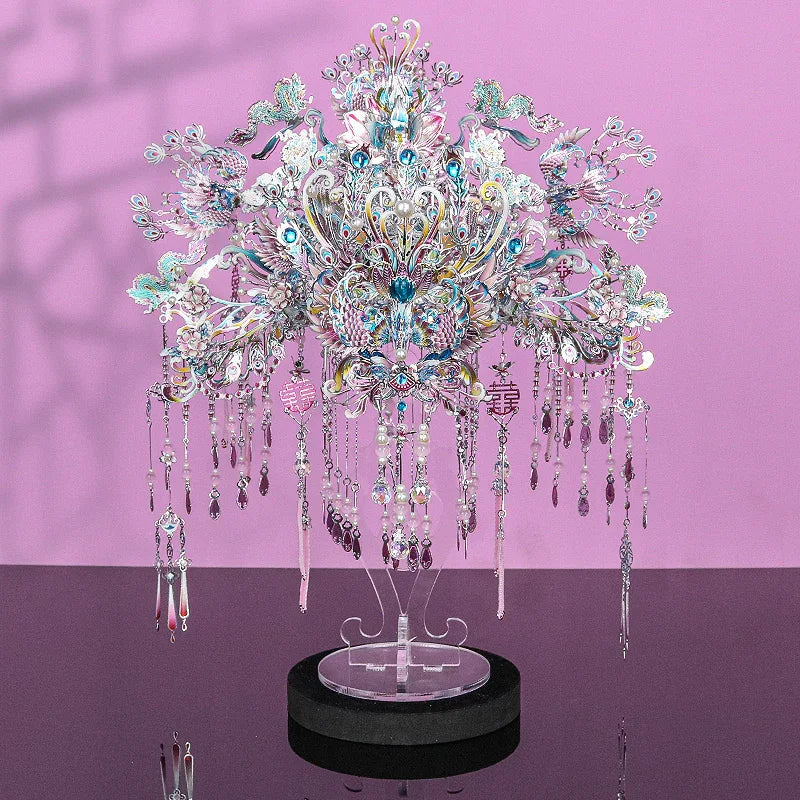 Elegant Silver Phoenix Crown & Fan DIY Metal Model Kit - OrientCrafted